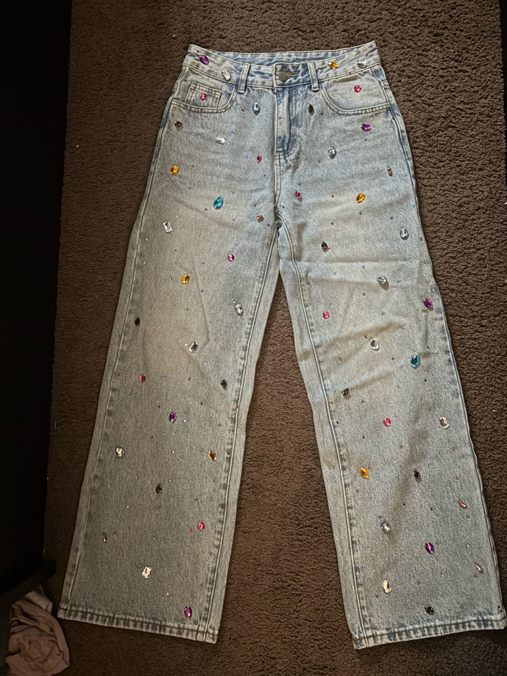 Embellished Light Wash Denim Jeans with Multicolor Gems